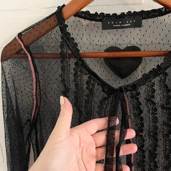 Twin-Set by Simona Barbieri Crop Blouse Cardigan Sheer Lace Black Heart Y2K Sz M - Picture 12 of 15